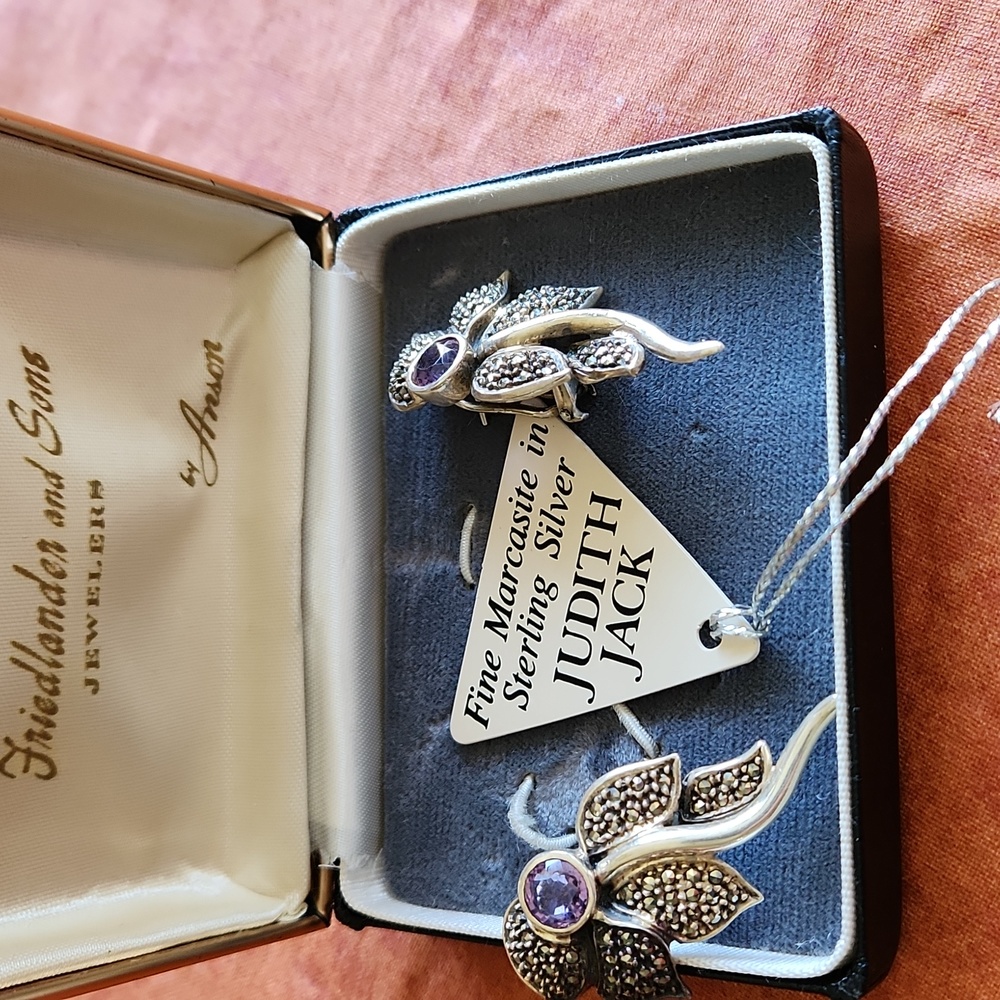 Judith Jack Sterling Silver Am ethyst Marcasite Earrings Rare Vintage 1960